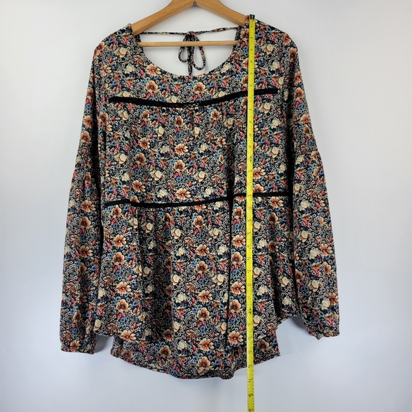 Knox Rose Womens Blouse Large Floral Peasant Long Sleeve Back Tassel Tie Neck - Picture 5 of 15
